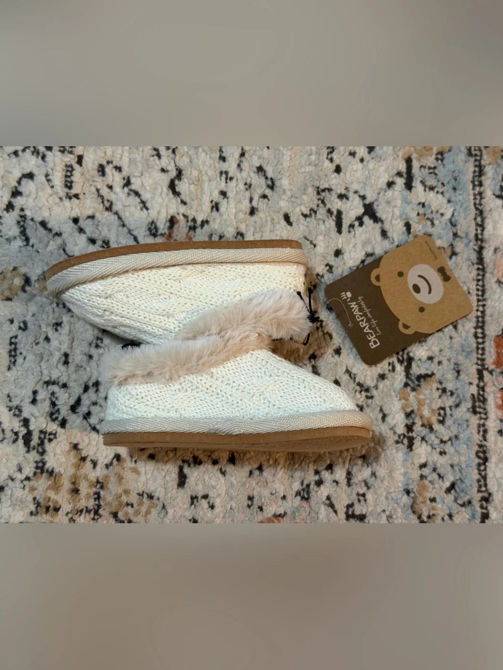 BearPaw Kids Cream Knit Faux-Fur Slippers
